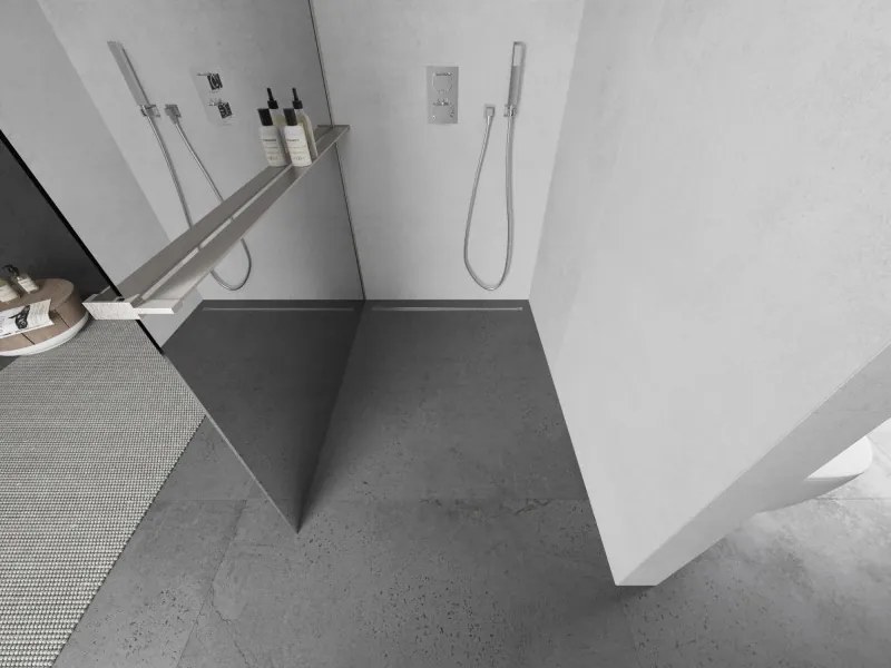 Mexen Kioto+ L, sprchová zástena Walk-In s poličkou a vešiakom 80 x 200 cm, 8mm sklo vzor zrkadlo, brúsená oceľ profil, 800-080-123-97-50