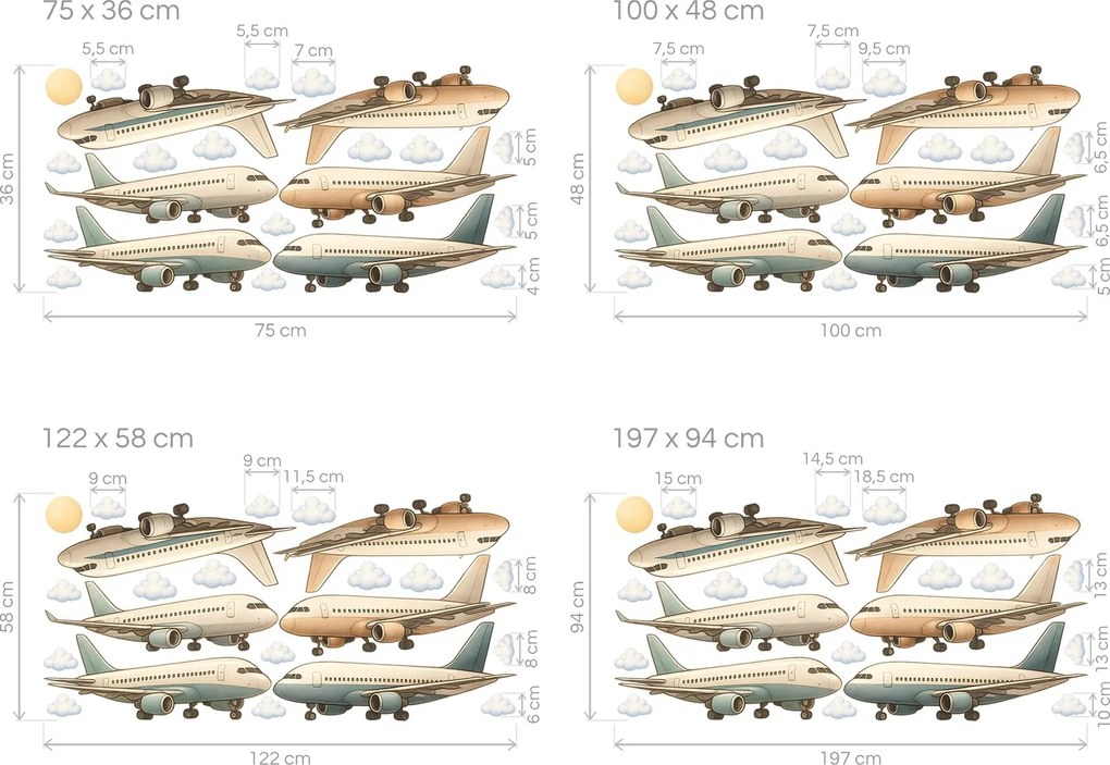 Boeingy a Airbusy textilné preliepateľné nálepky na stenu arch 75 x 36 cm