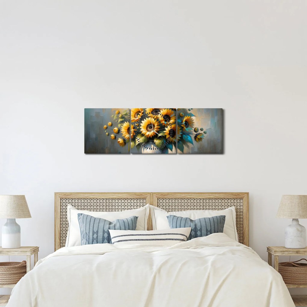 Obraz – Váza so slnečnicami (s hodinami) (90x30 cm)
