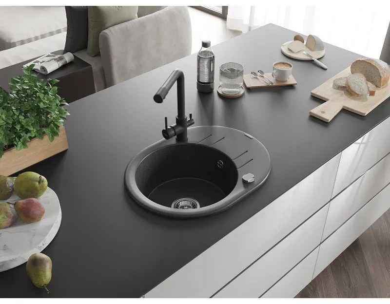 Mexen Kevin, drez granitový 586x458x190 mm, 1-komorový a čierna Duero batéria, čierna - strieborná metalíza, 6517-76-671600-70