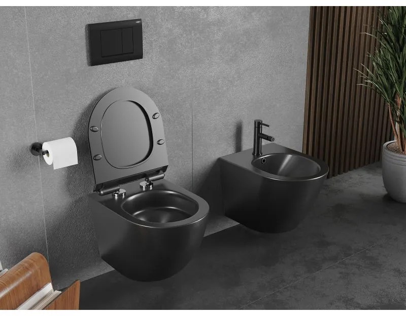 Mexen Lena, závesná WC misa 490x360x340 mm, Rimless Tornádo + WC sedadlo z duroplastu, čierna matná, 30220185T
