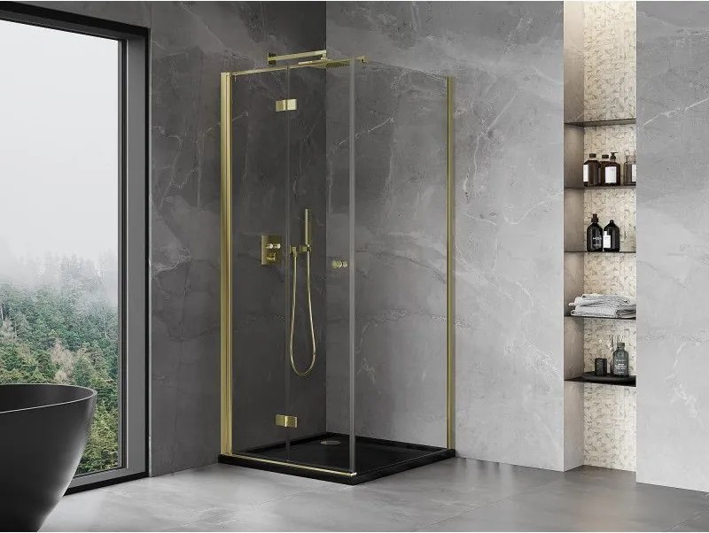 Mexen Mist-F T, 1-krídlový skladací sprchový kút ľavý 95 x 95 cm, číre sklo, zlatý lesklý profil, 8A6T-095-095-50-00-L