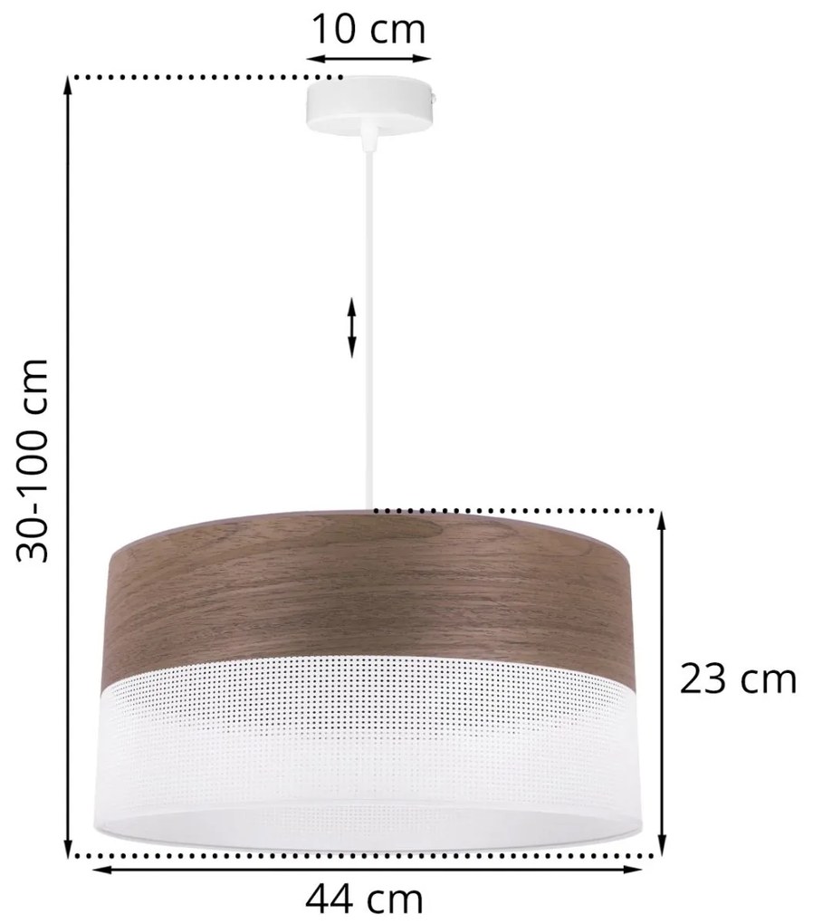Závesné svietidlo Wood, 1x hnedá orechová dýha/biele PVC tienidlo, (fi 44cm)