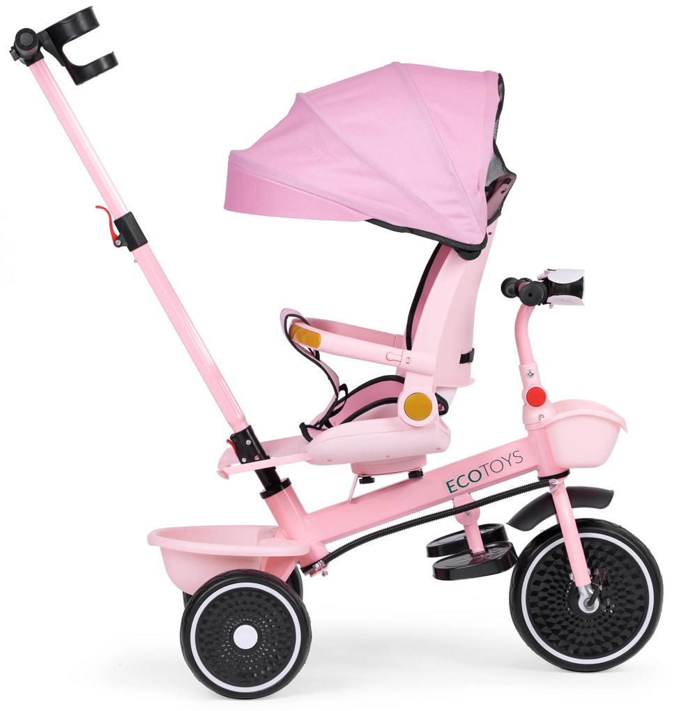 Trojkolka 2v1 otočné sedadlo a skladacia strieška ružová - ECOTOYS