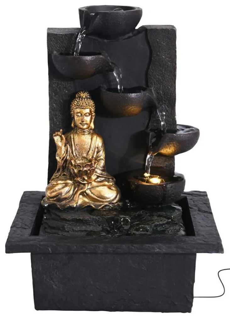 Záhradná fontána s osvetlením Budha, 30x21,5x18 cm, polistone, čierna