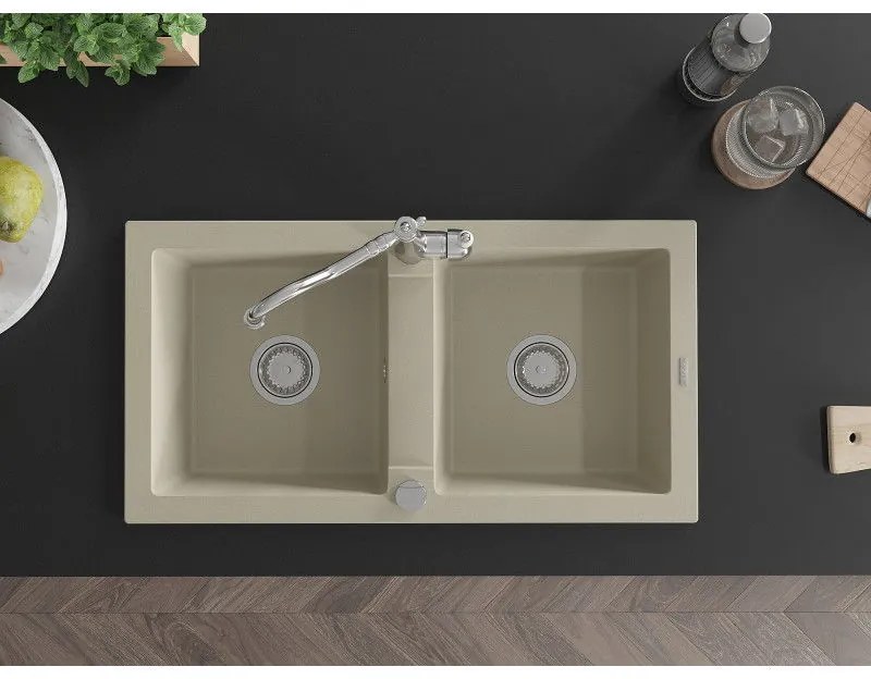 Mexen Mario, granitový drez 820x436x161 mm, 2-komorový a drezová batéria Carla, béžová, 6504-69-670700-00
