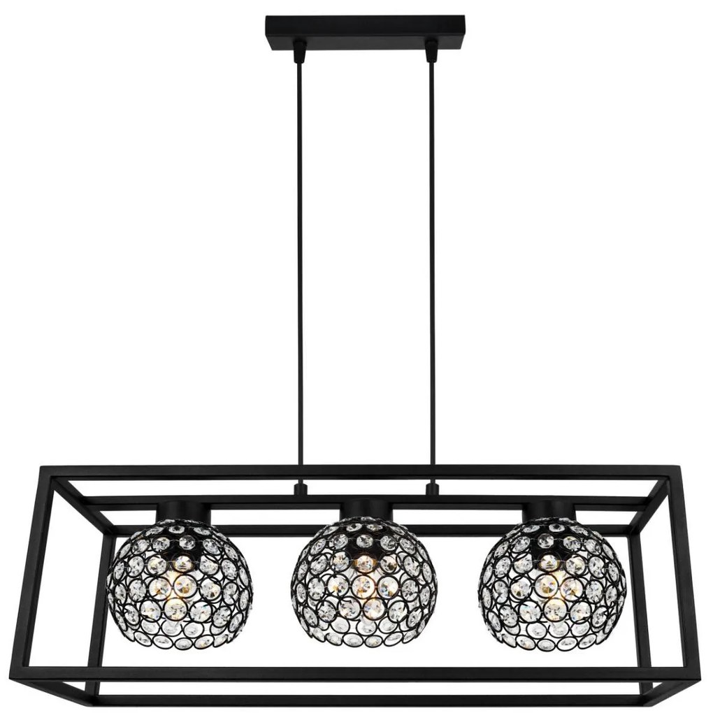 Závesné svietidlo Crystal Cage, 3x čierne krištáľové tienidlo v kovovom ráme