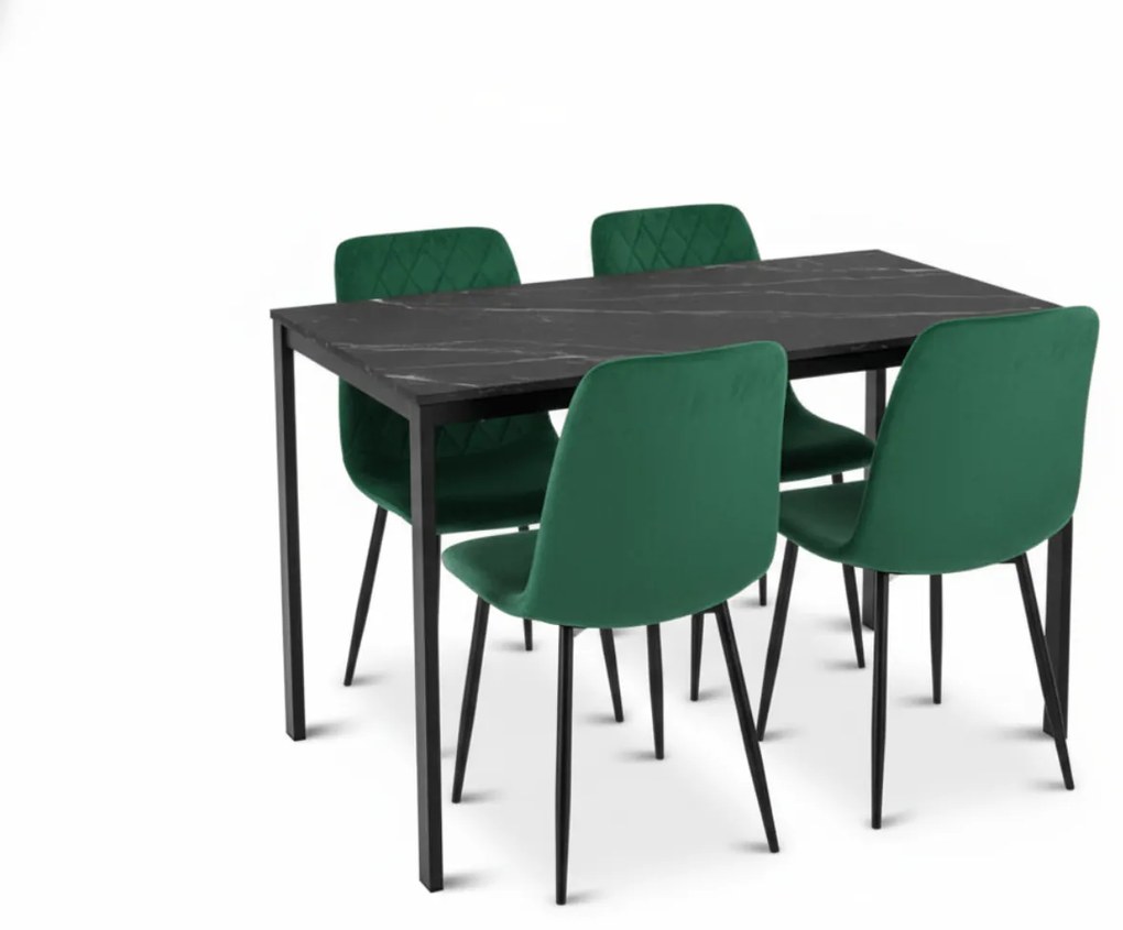 Jedálenský set 1 + 4, čierny stôl RAMOD 100x60 cm mramorový dekor + zelená stolička TURIN s čiernymi nohami