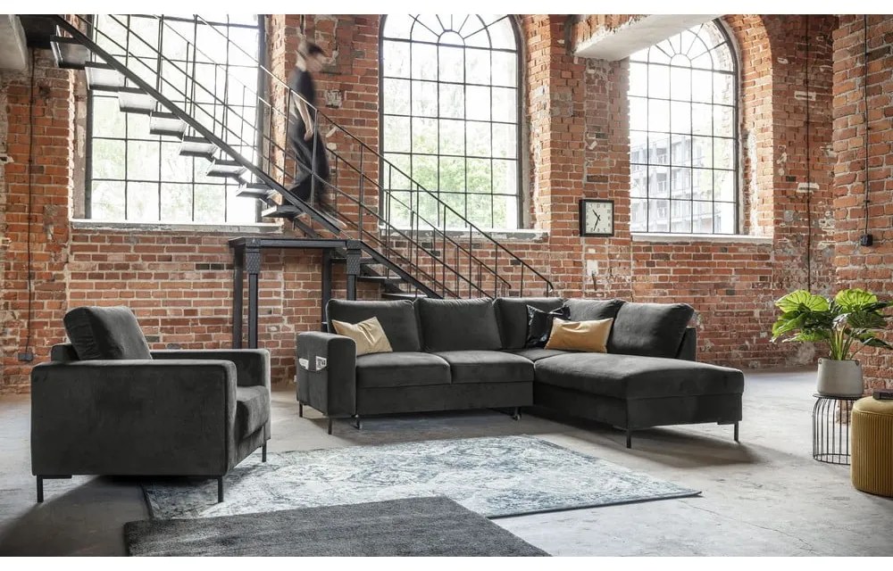 Tmavosivá zamatová rozkladacia rohová pohovka (pravý roh) Lofty Lilly – Miuform