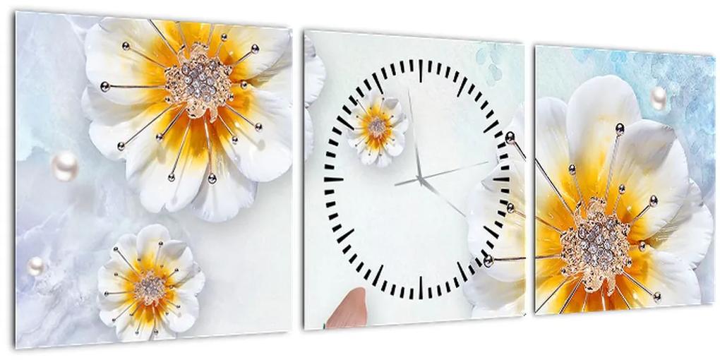 Obraz - Kompozícia s kvetmi a motýľmi (s hodinami) (90x30 cm)