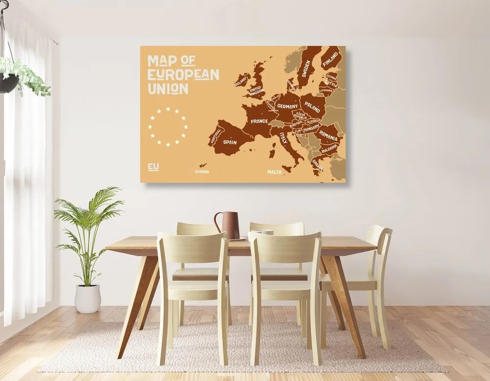 Obraz moderná mapa Európskej únie v hnedom prevedení - 60x40
