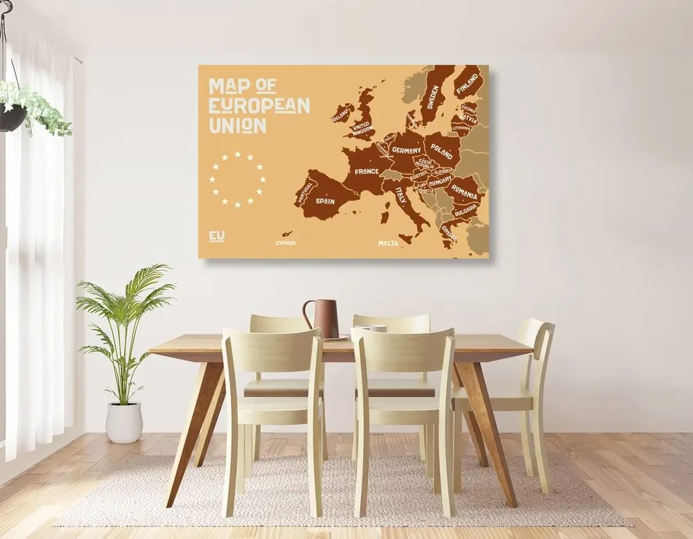 Obraz moderná mapa Európskej únie v hnedom prevedení