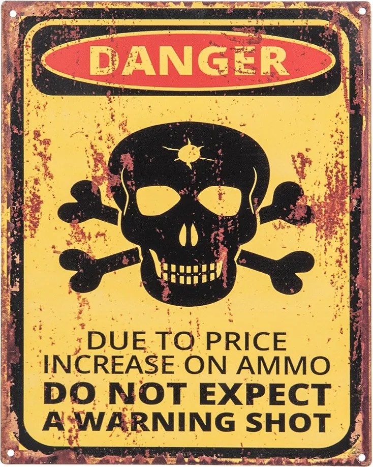 Žltá kovová nástenná ceduľa s lebkou Danger - 20*1*25 cm