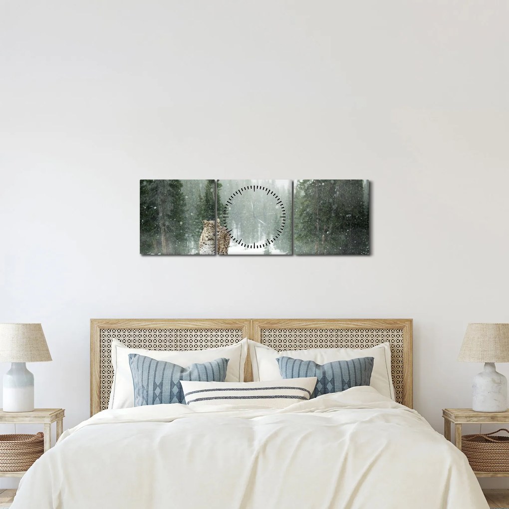 Obraz leoparda v snehu (s hodinami) (90x30 cm)