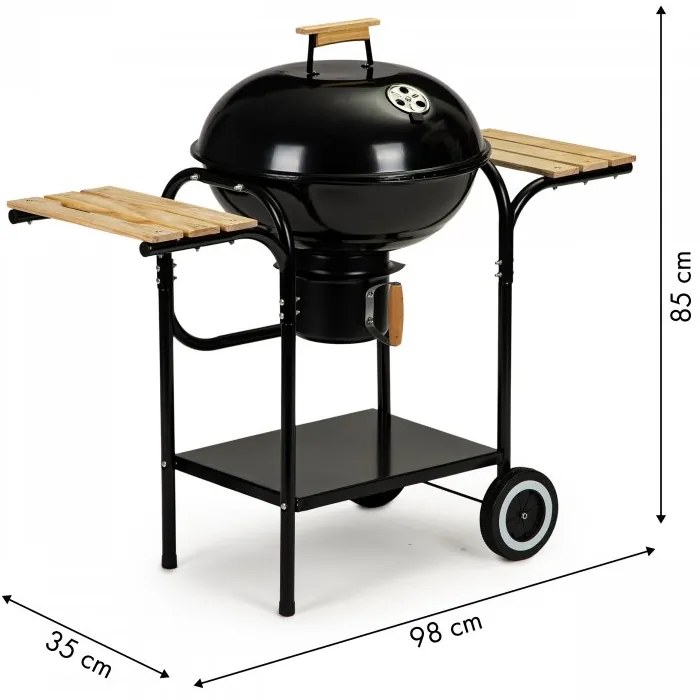 Záhradný gril na drevené uhlie s vekom, policami, roštom a popolníkom,