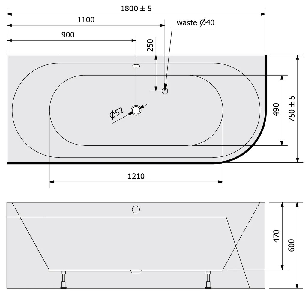 Polysan Polysan, VIVA L MONOLITH asymetrická vaňa 180x75x60cm, biela, 72099M