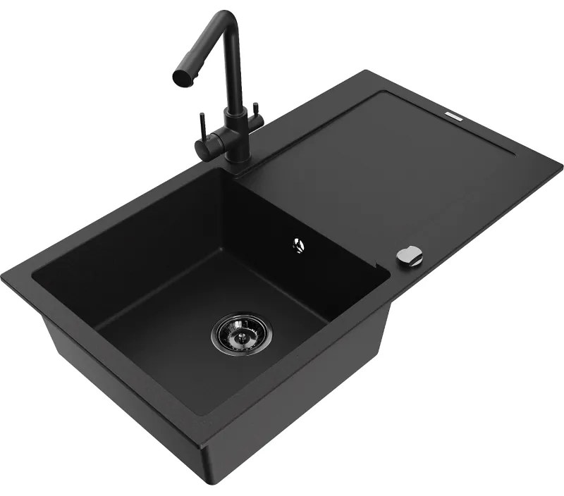 Mexen Leo, drez granitový 900x500x190 mm, 1-komorový a čierna batéria Duero, čierna, 6501-77-671600-70-B