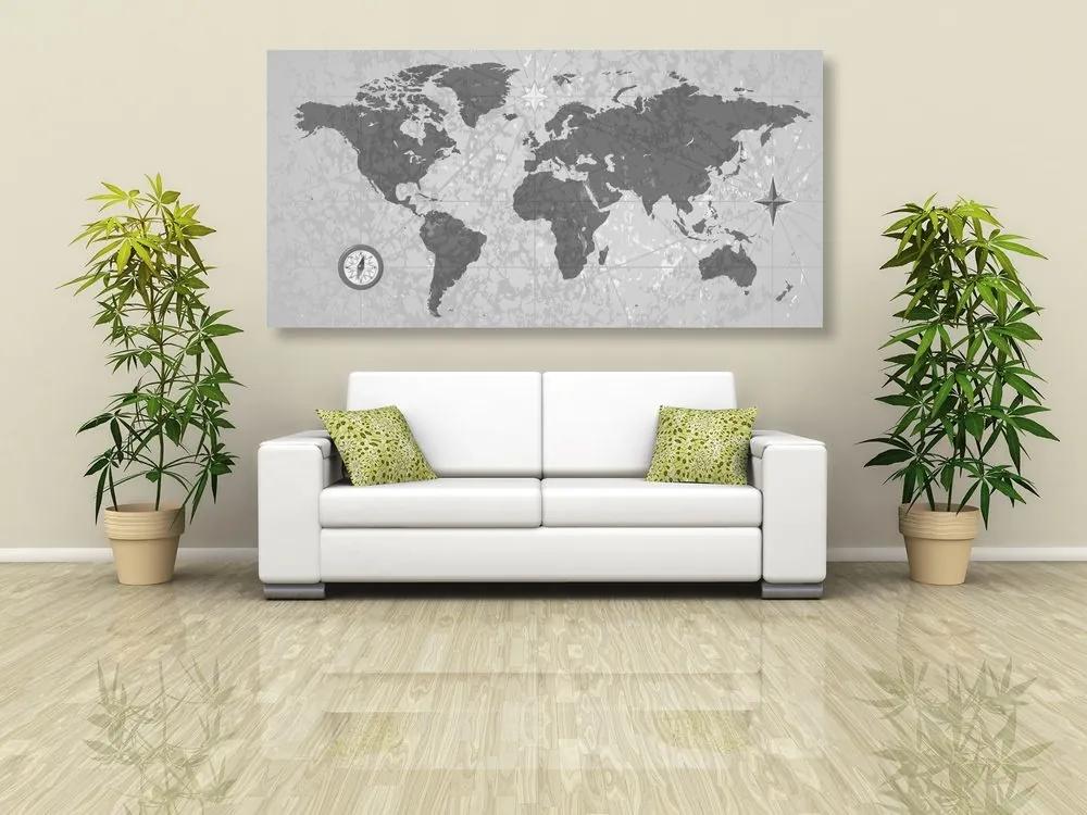 Obraz mapa sveta s kompasom v retro štýle v čiernobielom prevedení - 100x50