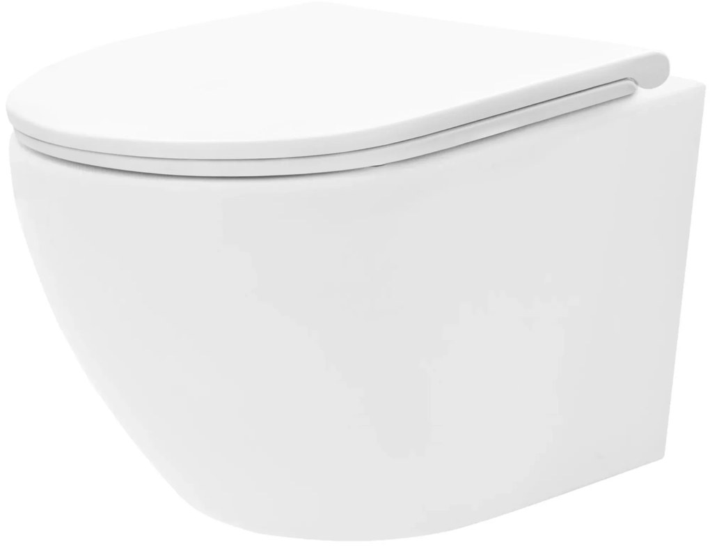 Rea Carlo Mini, závesné záchodová misa Tornado Rimless 485x365x350 mm + WC sedadlo, biela lesklá, REA-C8770