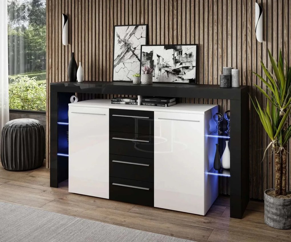 KOMODA ELIS LED ČIERNO BIELA ČIERNE ŠUPLÍKY VYSOKÝ LESK 170 cm