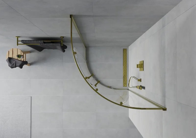Mexen Rio, štvrťkruhový sprchovací kút s posuvnými dverami 80(dvere) x 80(dvere) x 190 cm, 6mm číre sklo, zlatý profil, 863-080-080-50-00