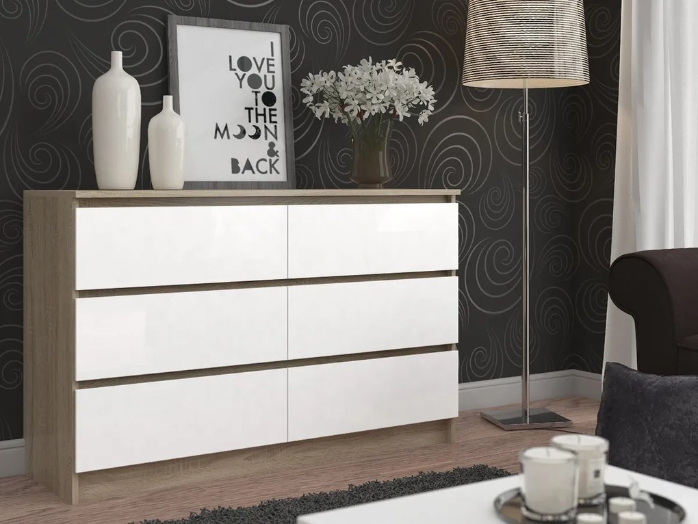 Komoda Kuba 120 cm 6 zásuviek dub sonoma/biela