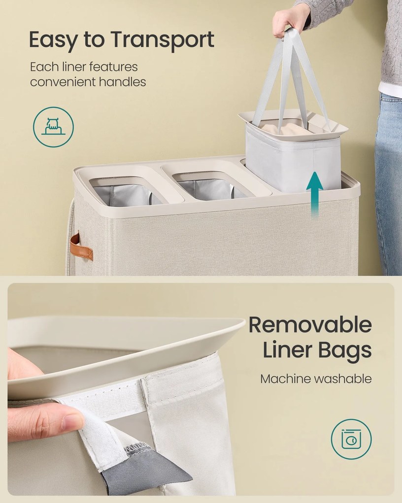 Kôš na prádlo, 190 l, 3 priehradkový kôš na prádlo, 64 x 40 x 75 cm, cappuccino béžový