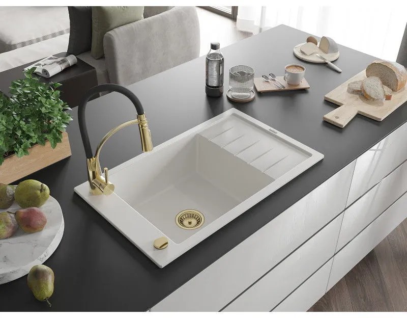 Mexen Elias, 1-komorový granitový drez 795x480x200 mm a drezová batéria Aster, biela, 6511-20-73450-57-G