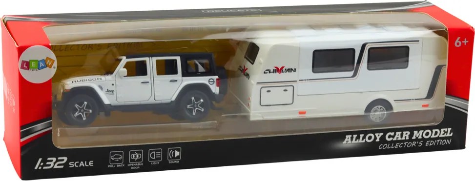 LEAN Toys Súprava: terénne auto, karavan, kovové, pohon, svetlá, zvuky, biela, 1:32