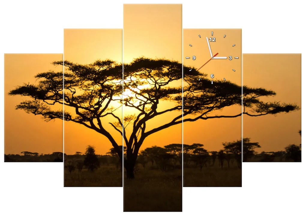 Gario Obraz s hodinami Akácia v Serengeti - 5 dielny Rozmery: 150 x 105 cm