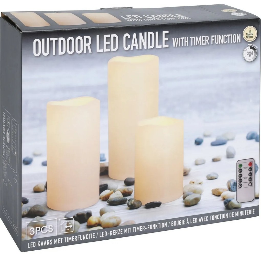 Súprava vonkajších LED blikajúcich sviečok, 3 ks, krémová