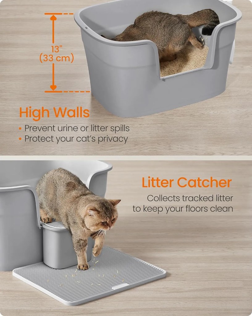 Extra veľká mačacia toaleta s vysokými bočnicami a mriežkou, sivá