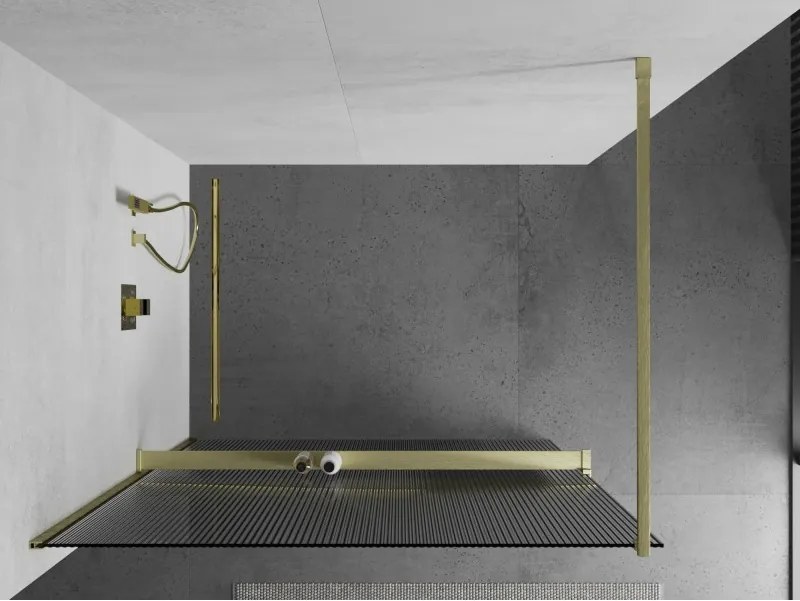 Mexen Kioto+, sprchová zástena Walk-In s poličkou a vešiakom 80 x 200 cm, 8mm sklo s rebrovým vzorom, zlatý matný profil, 800-080-121-55-09