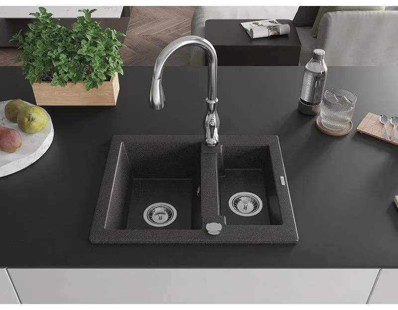 Mexen Carlos, 1,5-komorový granitový drez 582x475x177 mm a drezová batéria Savita, čierna škvrtnitá, 6518-76-672601-00