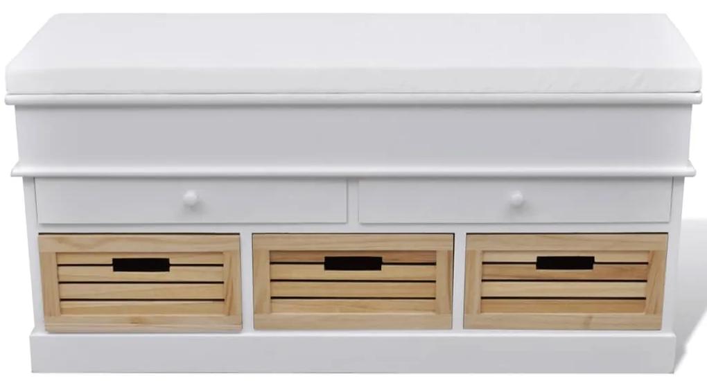 vidaXL Biela skladovacia lavica s vankúšom 2 zásuvky 3 krabice