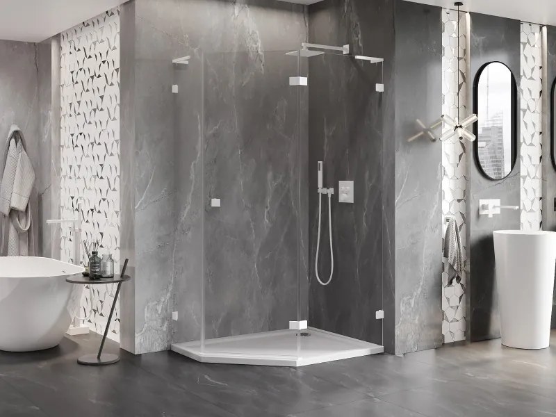 Mexen Lunar, L pravý výklopný päťuholníkový sprchový kút 90 x 80 cm, 8mm číre sklo, biely profil, 831L-090P-080L-20-00-P