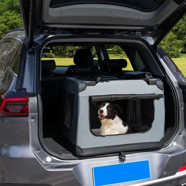 Skladací transportný box pre psov L s miskou a pelíškom, siv