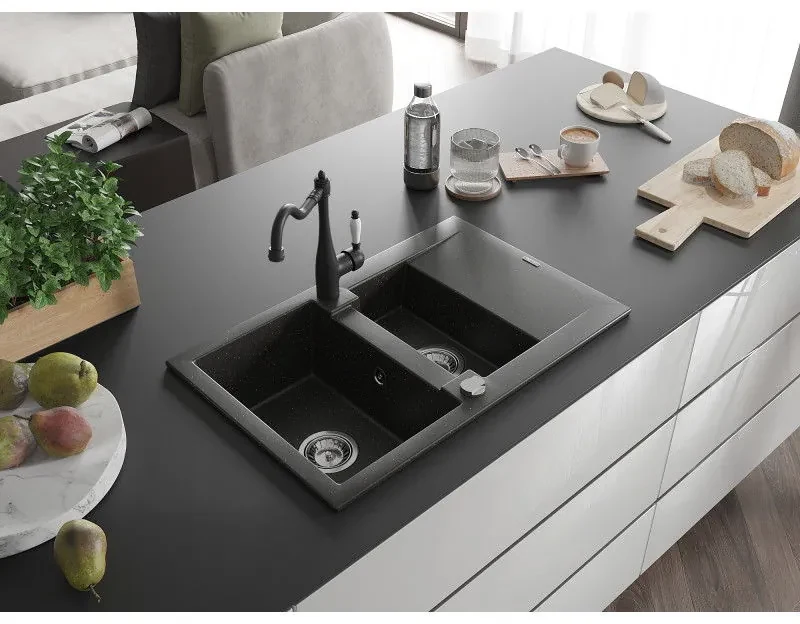 Mexen Gaspar, granitový drez 752x436x161 mm, 1,5-komorový a drezová batéria Carla, čierna-zlatá metalíza, 6507-75-670700-70
