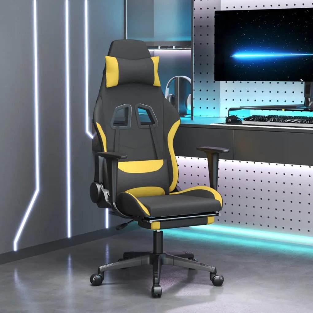 Masážna herná stolička s podnožkou, čierna a žltá, látka