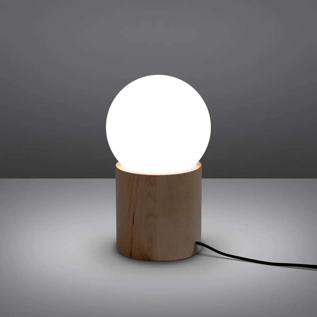 Stolná lampa Boomo, 1x biele sklenené tienidlo, drevo