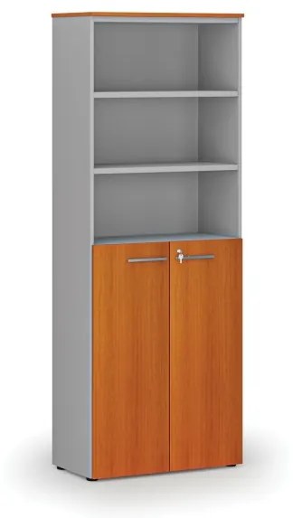 Kombinovaná kancelárska skriňa PRIMO GRAY, dvere na 3 poschodia, 2128 x 800 x 420 mm, sivá/čerešňa