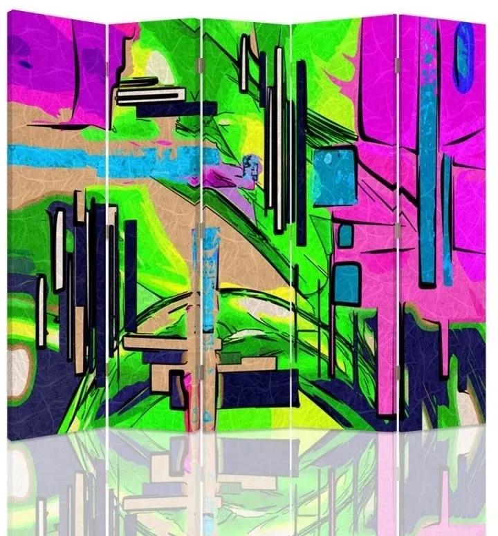 Ozdobný paraván Barevná abstraktní zelená - 180x170 cm, päťdielny, obojstranný paraván 360°