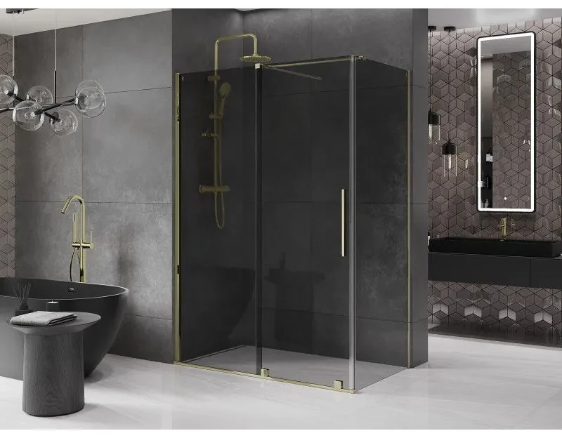 Mexen Velar, sprchový kút s posuvnými dverami 150 x 70 cm, 8mm šedé sklo, zlatá lesklá, 871-150-070-41-50