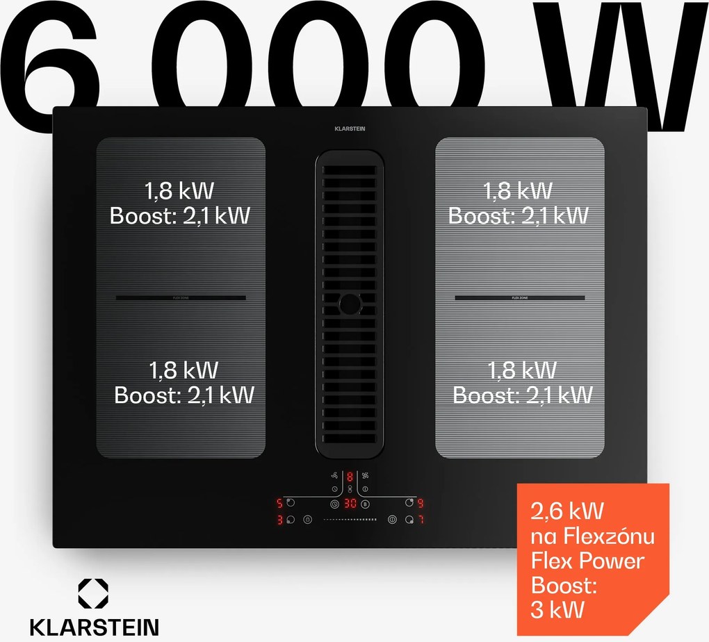 Klarstein Full House indukčná varná doska s odsávačom pár | 4 varné zóny | 7335 W | 530,1 m³/h | 70 cm