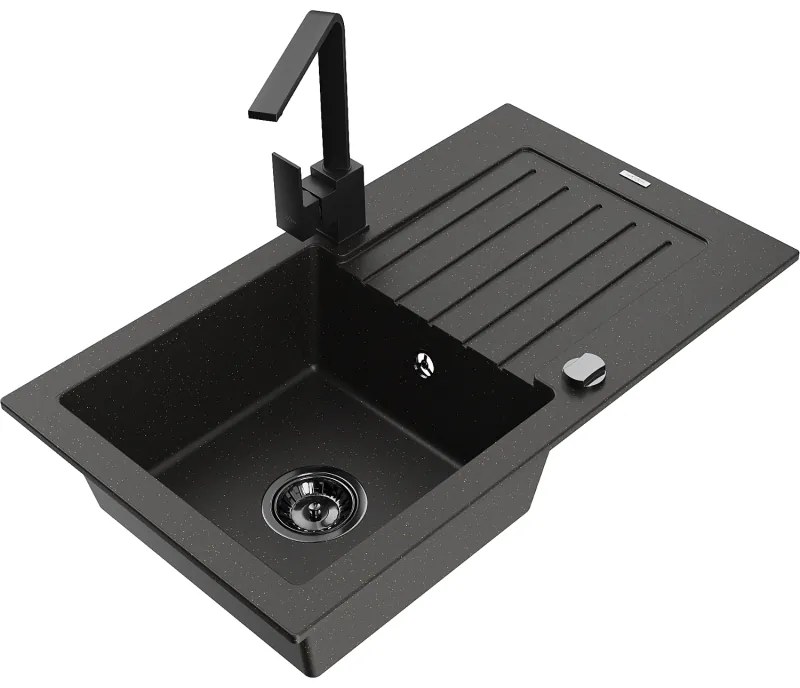 Mexen Pablo, granitový drez 752x436x161 mm, 1-komorový a čierna batéria Rita, čierna-zlatá metalíza, 6510-75-670300-70-B