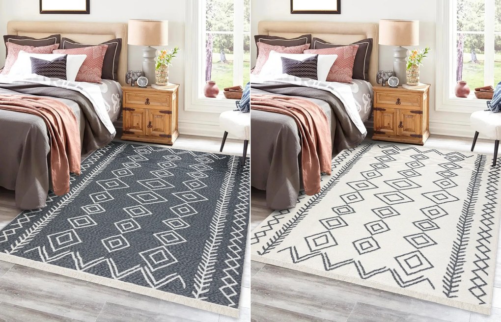 Obojstranný šnúrkový ekologický koberec TWIN 23000 Boho, so strapcami, antracit - krémový