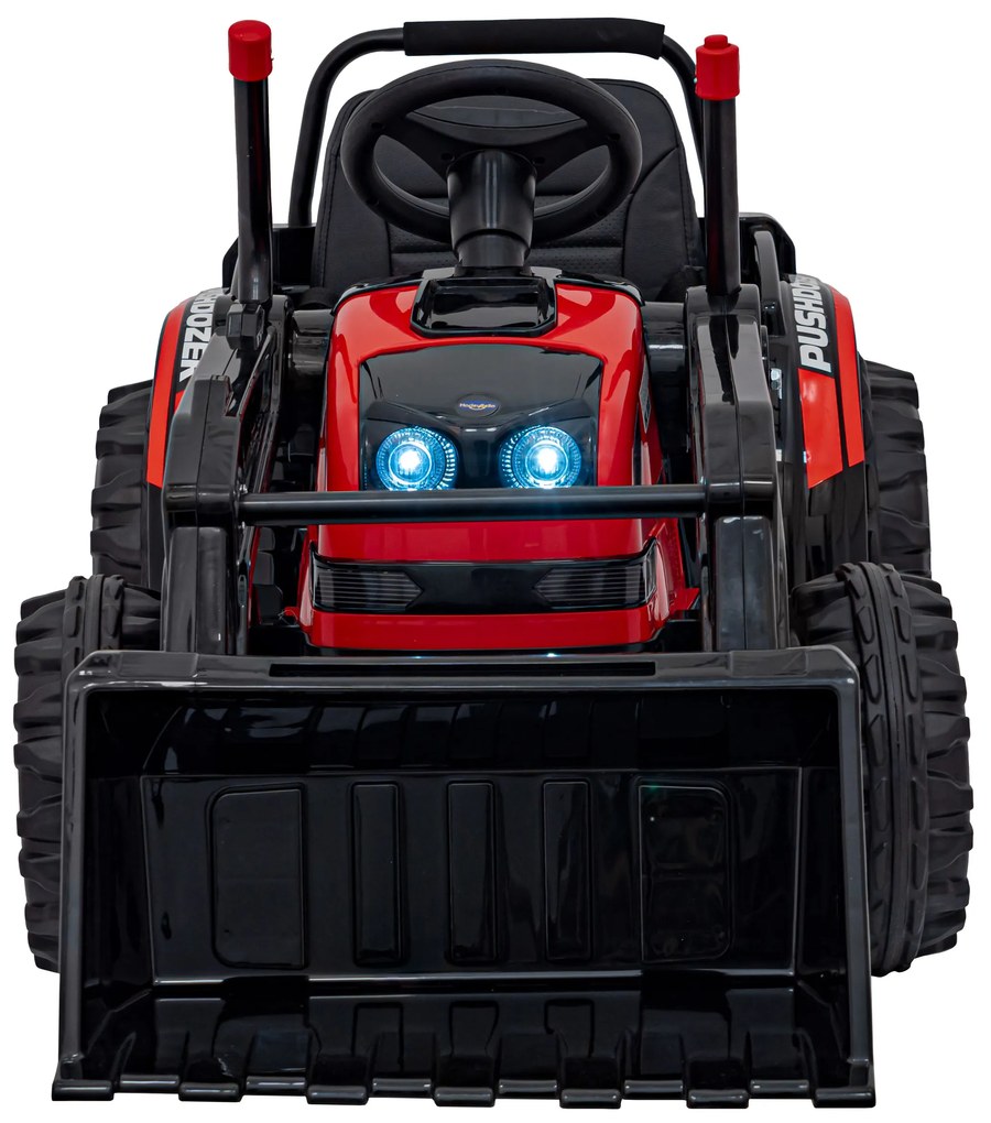 Červený detský elektrický traktorový bager 12V s diaľkovým ovládaním, pohyblivým ramenom a FM rádiom