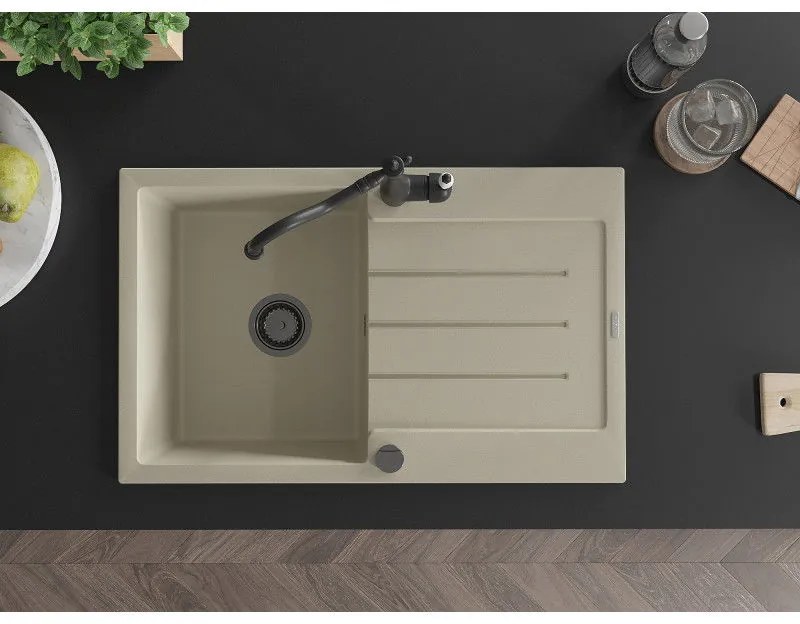 Mexen Bruno, granitový drez 795x495x200 mm, 1-komorový a drezová batéria Carla, béžová, 6513-69-670700-70