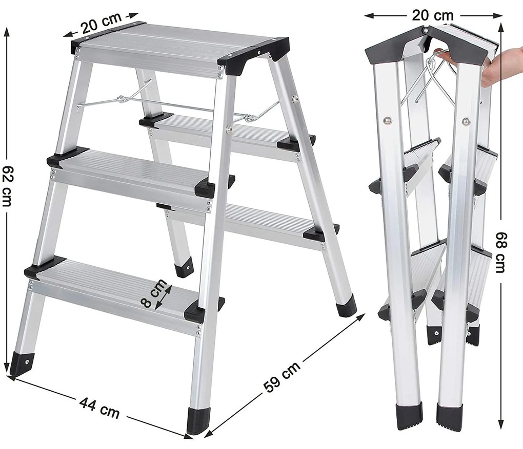 Třístupňové skládací schůdky TRIO stříbrbé