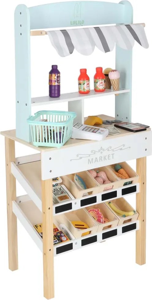 KIK Drevený stánok supermarket s pokladňou, košíkom a potravinami pre deti LULILO